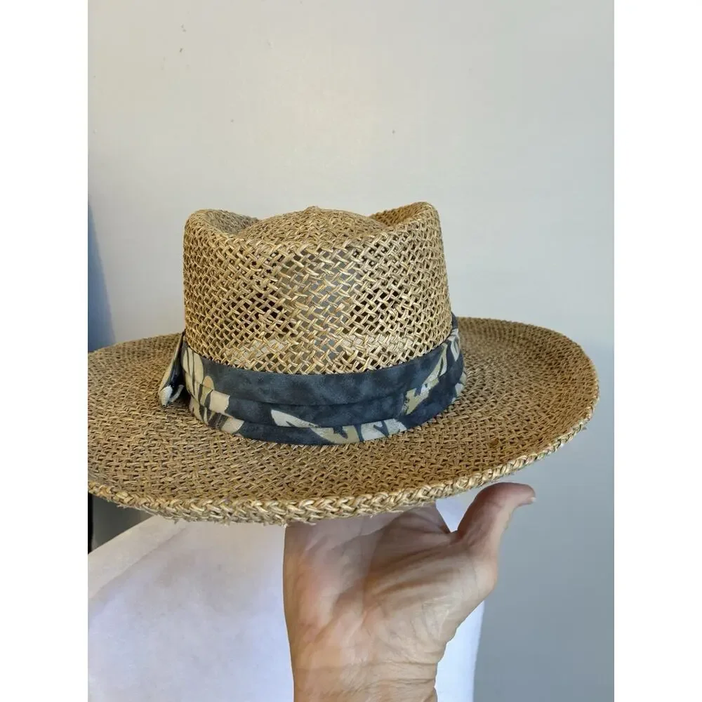 Classic Woven Straw Fedora Hat Safari Panama Look w/ Fabric Band Breathable Cool